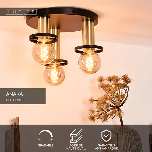 Lucide ANAKA - Plafonnier - Ø 30 cm - 3xE27 - Noir - USP